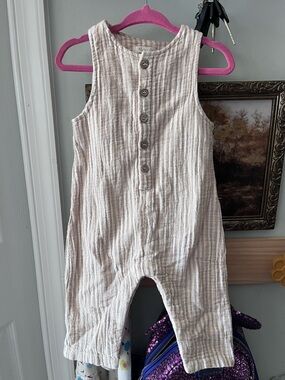 Rylee + Cru Cream and Beige Striped Cotton-Linen Kids Romper